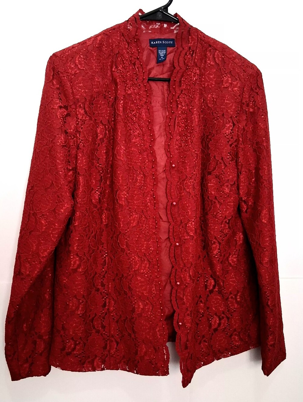 Karen Scott Red Lace Beaded Open-Front Blazer Size Medium